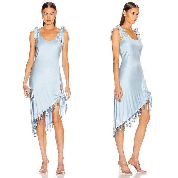 cult gaia Dresses & Skirts - Cult Gaia | Sky Blue Delilah Asymmetrical Beaded Fringe Scoop Back Midi Dress L